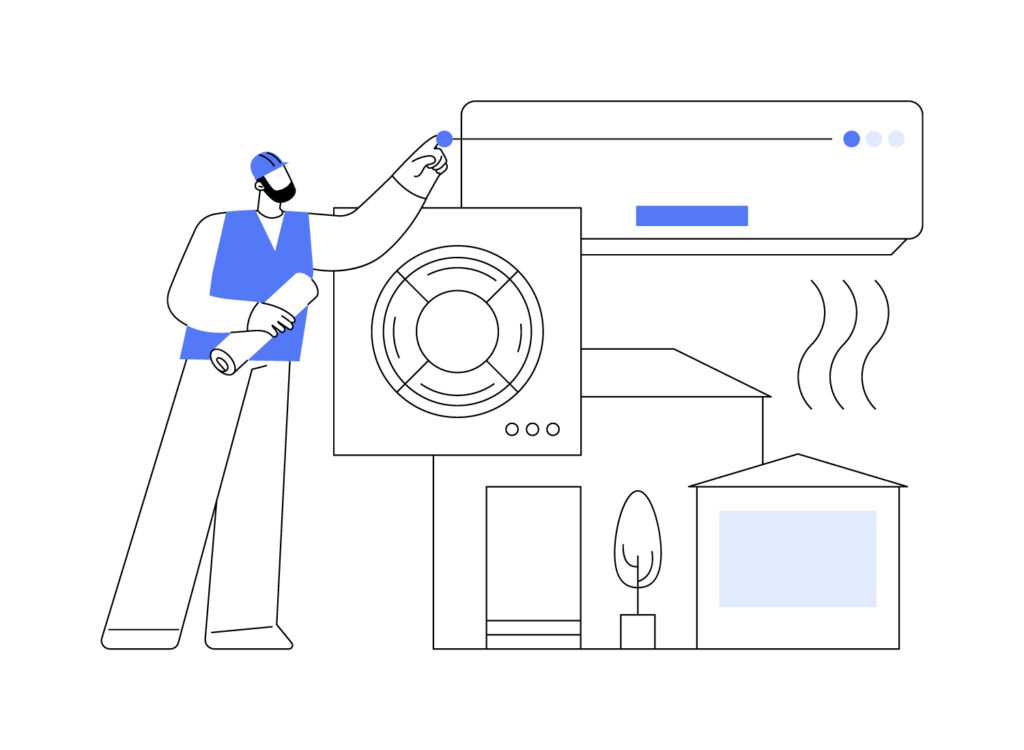 Line illustration of a technician servicing a wall-mounted air conditioner in an apartment