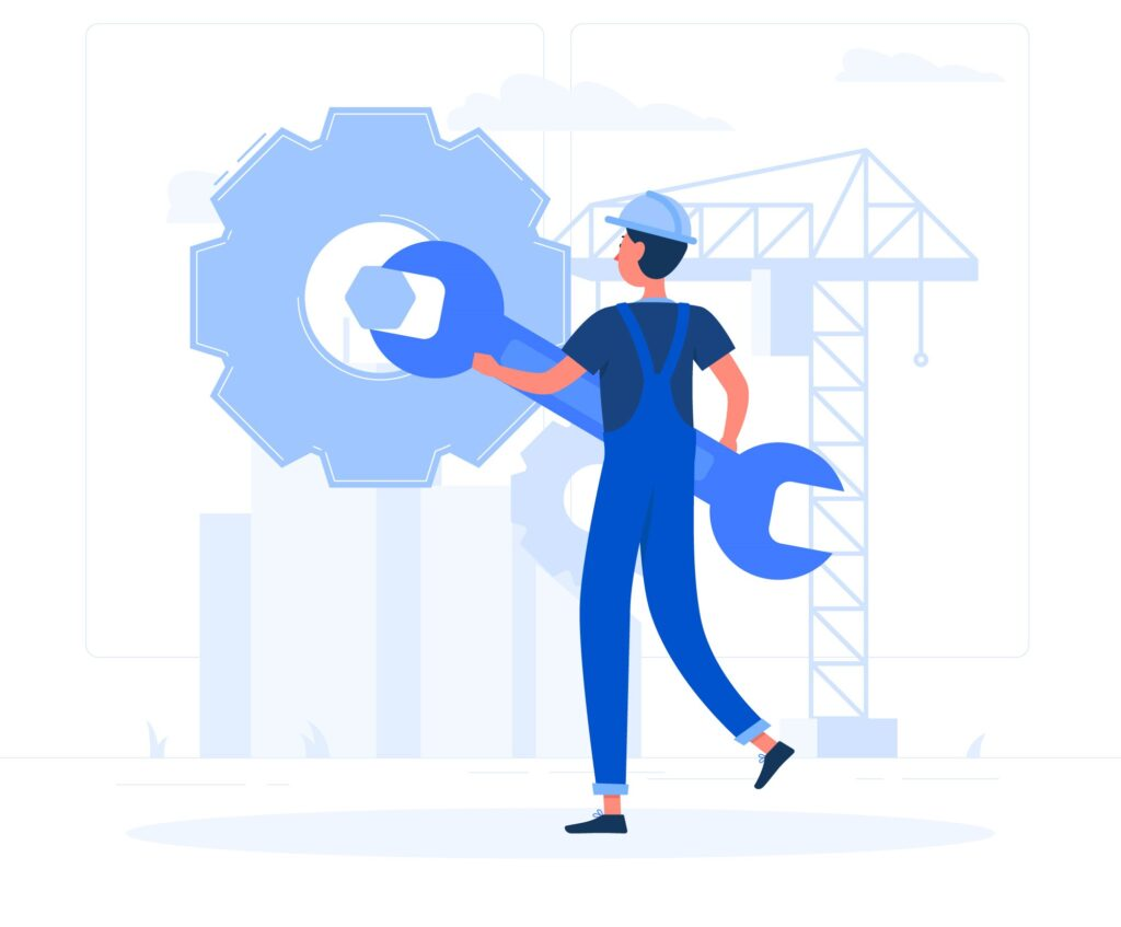 Line illustration of technicians maintaining an institutional building
