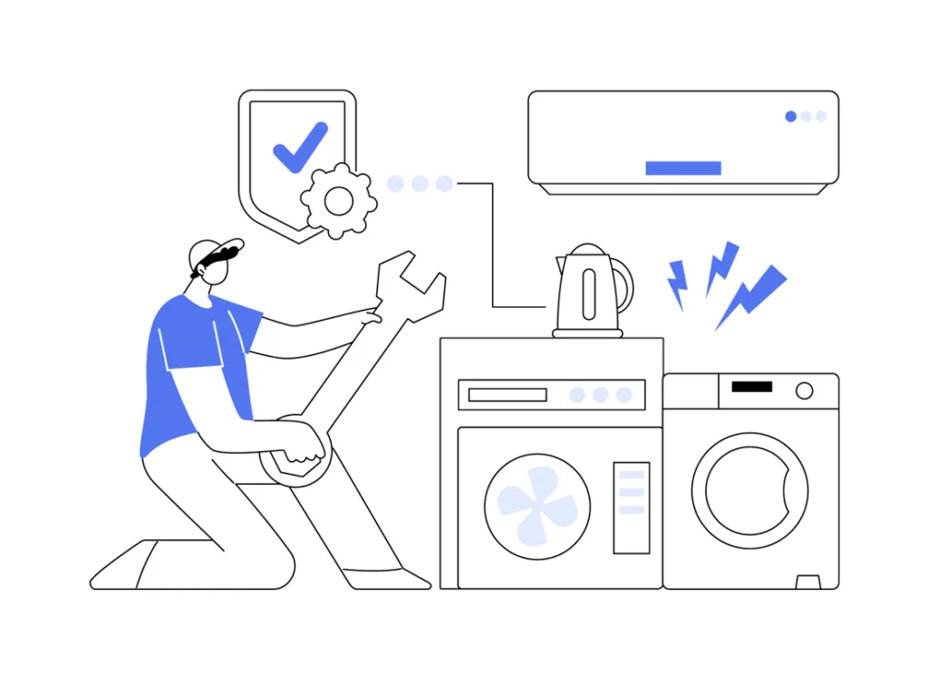 Line illustration of a technician servicing laundry appliances beside a protection shield