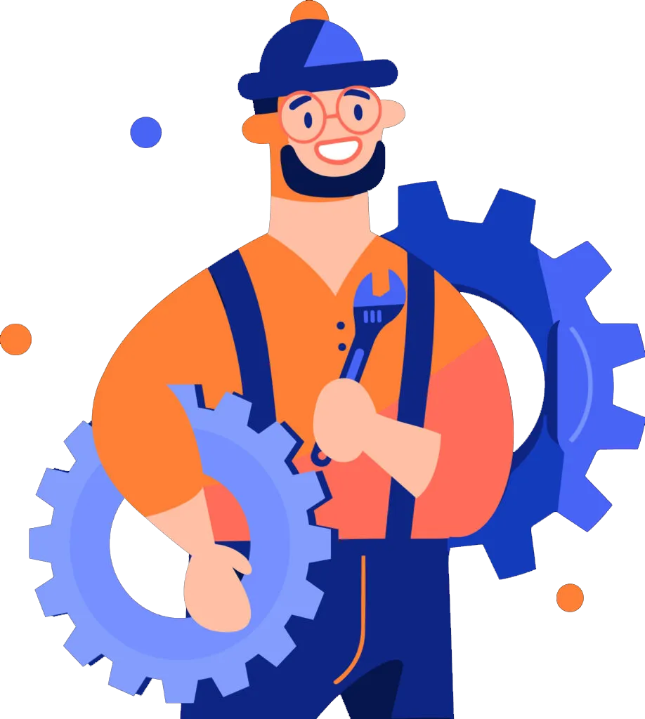 Illustration of a technician with gears representing mechanical expertise