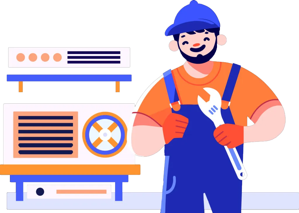 Illustration of an HVAC technician servicing an air conditioning unit